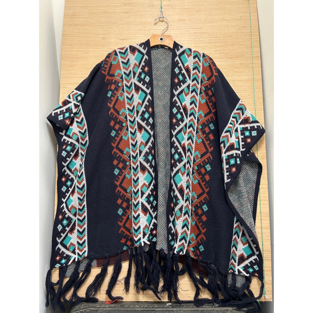 Macchia di Ruggine Southwestern Geometric Knit Fringe Poncho Wrap Navy Rust L/XL